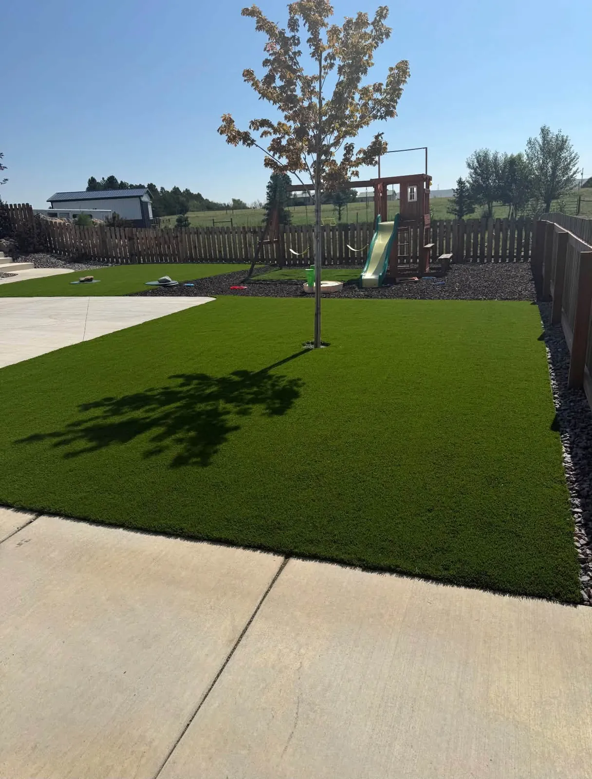 Green turf lawn with a concrete walkway and play set behind it